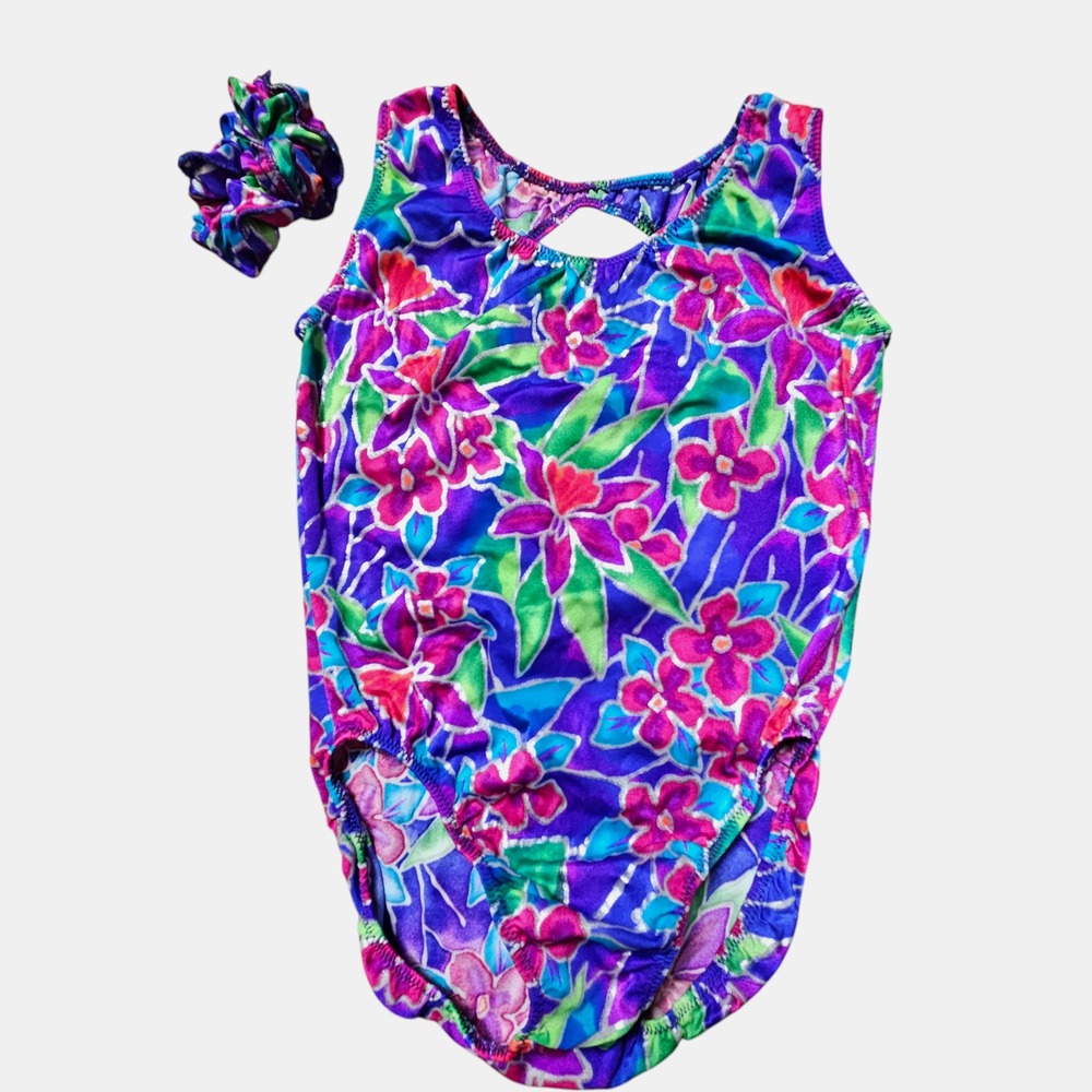 80s Stacy Girls Floral Leotard‎ Swimsuit Scrunchie Set Keyhole Back L Gymnastics